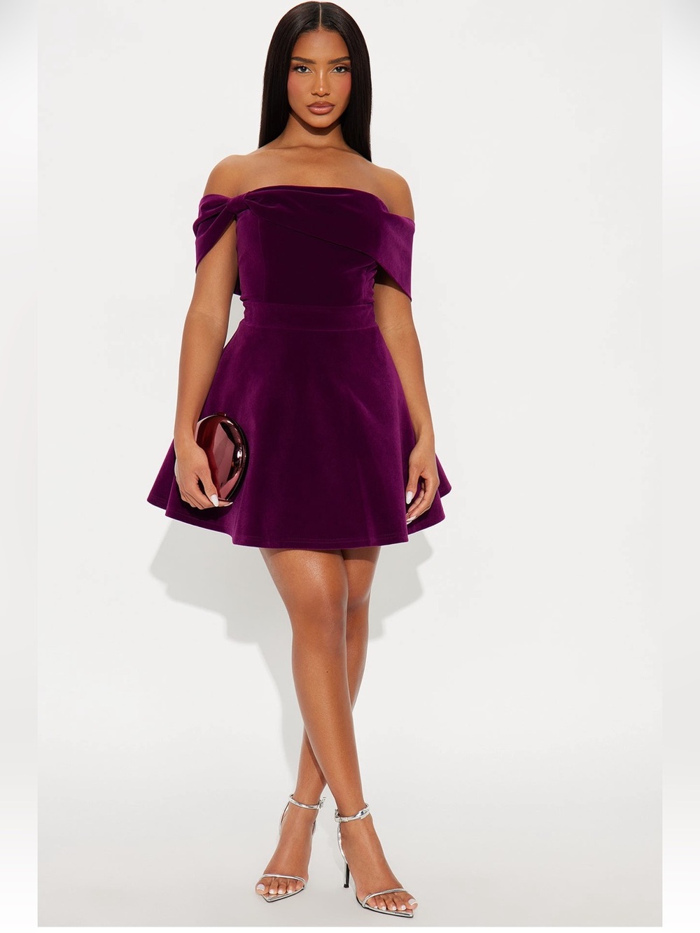 Fashion Nova Off-Shoulder Velvet Skater Dress in Deep Purple